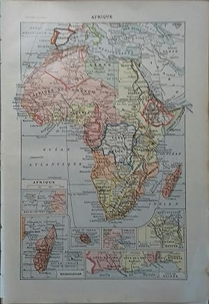 Carte en couleurs de l'Afrique. Carte extraite du Larousse universel en 2 volumes.