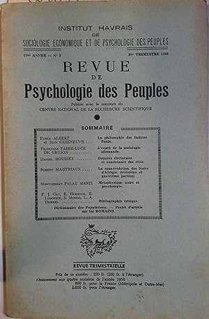 Revue de psychologie des peuples 1956 N° 2 : Indiens Zunis - Sociologie allemande - Sous-évolutio...