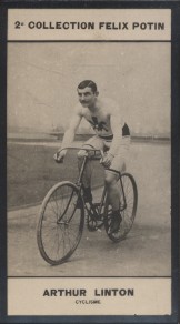 Photographie de la collection Félix Potin (4 x 7,5 cm) représentant : Arthur Linton, cycliste. Dé...