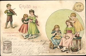 Litho Reklame Rademann's Kindermehl, Mädchen beim Tanz, Puppe, Blumenkranz