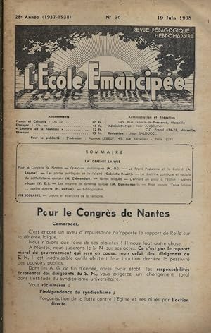 L'Ecole Emancipée N° 36 (28e année) : La défense laïque. 19 juin 1938.