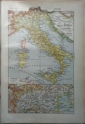Carte en couleurs de l'Italie. Carte extraite du Larousse universel en 2 volumes.