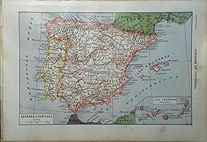 Carte en couleurs de l'Espagne et du Portugal. Carte extraite du Larousse universel en 2 volumes.