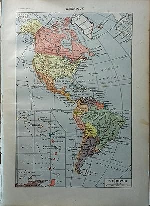 Carte en couleurs de l'Amérique (Nord et Sud). Carte extraite du Larousse universel en 2 volumes.
