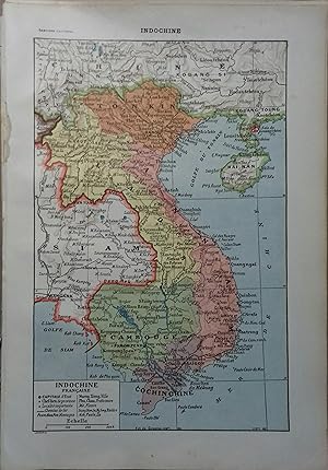 Carte en couleurs de l'Indochine. Carte extraite du Larousse universel en 2 volumes.