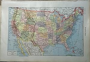 Carte en couleurs des Etats-Unis. Carte extraite du Larousse universel en 2 volumes.