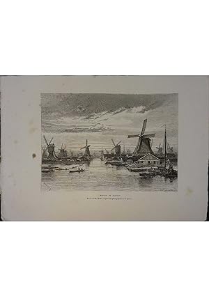 Moulins de Zaandam. Gravure extraite de la Géographie universelle d'Elisée Reclus. Vers 1880.