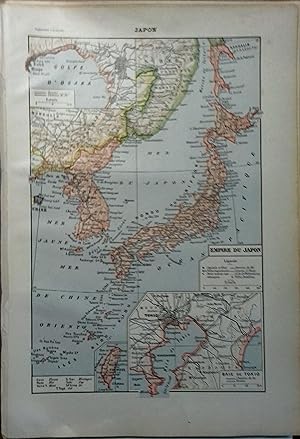 Carte en couleurs de l'Empire du Japon. Carte extraite du Larousse universel en 2 volumes.
