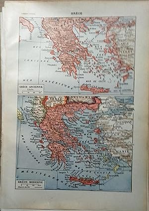 Cartes en couleurs de la Grèce ancienne et de la Grèce moderne. Carte extraite du Larousse univer...