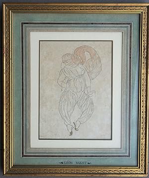 Bakst drawing of a woman dancing, possibly for Ballet Russes production of "Scheherazade"