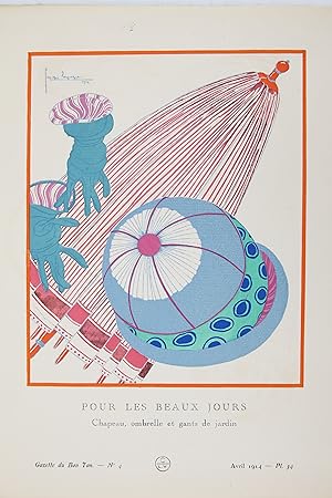 Pour les beaux jours. Chapeau, ombrelle et gants de jardin (pl.34, La Gazette du Bon ton, 1914 n°4)