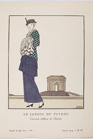 Le Jardin du Peyrou. Costume tailleur de Chéruit (pl.6, La Gazette du Bon ton, 1914 n°1)