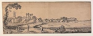 Antique print, etching | Wide landscape with farmers, published ca. 1650, 1 p.