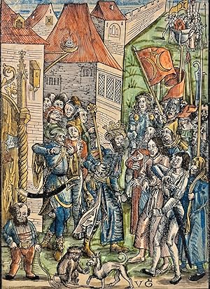 Antique book illustration, handcolored woodcut | Christ before Herod, published 1506, 1 p.
