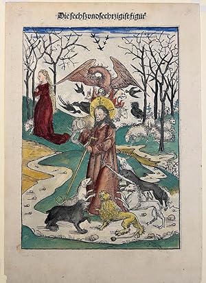 Antique book illustration, handcolored woodcut doublesided | [Christ and his animal attributes], ...