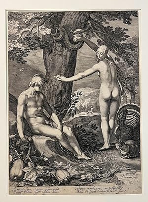 Antique print, engraving | The temptation: Adam and Eve (Adam en Eva), published 1604, 1 p.