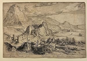 Antique print, etching | Mountainous landscape with a house in the foreground, published 1608, 1 p.