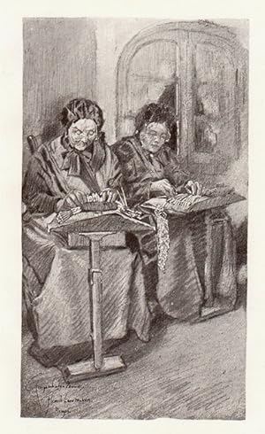 Flemish Lacemakers in Bruges Belgium, Vintage 1920's Pencil Sketch