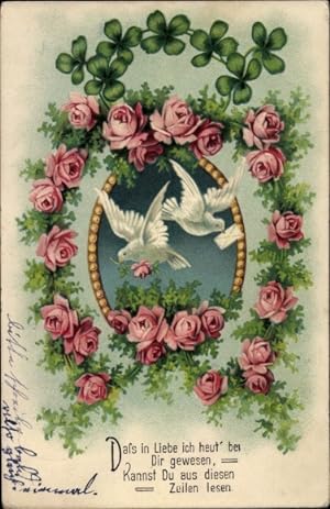Präge Ansichtskarte / Postkarte Tauben, Briefe, Glücksklee, Rosen