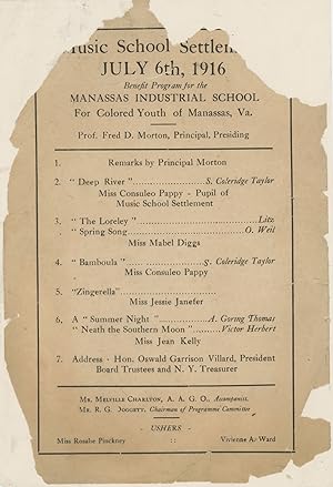 Music School Settlement / July 6, 1916 / Benefit Program for the Manassas Industrial School for C...