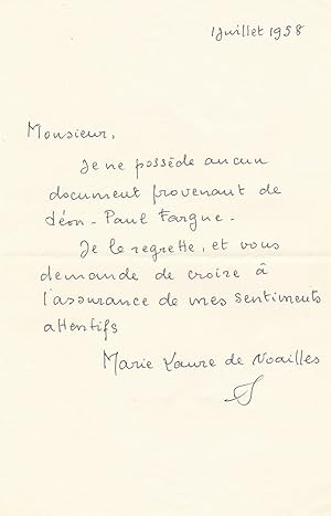 Marie-Laure de Noailles lettre autographe signée Fargue
