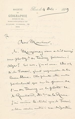 Charles Maunoir lettre autographe signée géographe Touareg