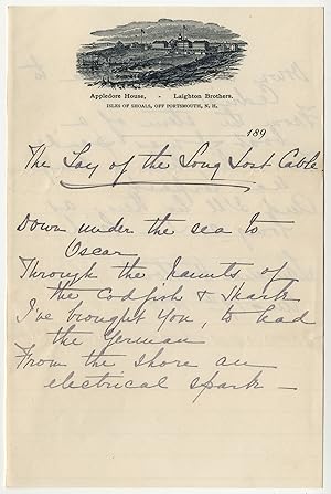 [Autograph Manuscript Unpublished Poem, Signed:] "THE LAY OF THE LONG LOST CABLE."