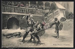 Künstler-Ansichtskarte Ritter kämpfen in Rüstung mit Schild und Streitäxten, Kopfloser Ritter am ...