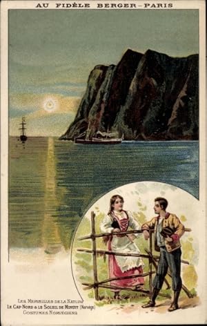 Litho Norwegen, Paar in Trachten, Mitternachtsonne, Reklame, Chocolat Lombart