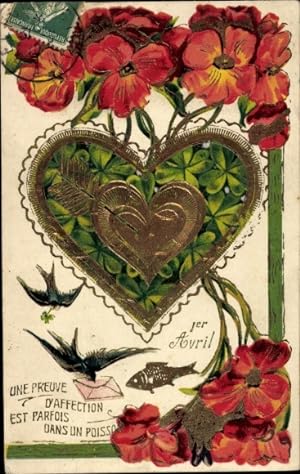 Präge Ansichtskarte / Postkarte Glückwunsch 1. April, Herz, Glücksklee, Blumen, Schwalben