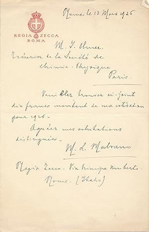 Mario LEVI-MALVANO lettre autographe signée chimiste