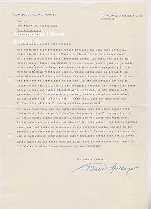 Brief mit eigenhändiger Unterschrift, Tübingen, 27. September 1961. 1 S. 4to. Mit gedrucktem Brie...