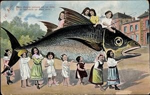Ansichtskarte / Postkarte Glückwunsch 1. April, Kinder auf Riesenfisch, Fotomontage