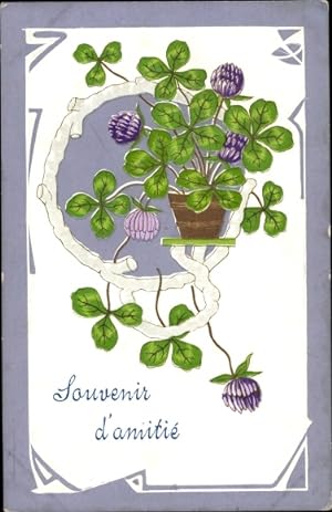 Präge Ansichtskarte / Postkarte Freundschaft, Kleeblätter, Blumentopf