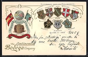 Ansichtskarte Portweinfässer mit Weltkugel und Fahnen, Wappen, Reklame für The Continental Bodega...