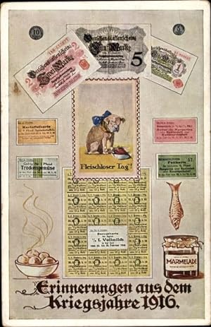 Ansichtskarte / Postkarte Erinnerungen aus dem Kriegsjahre 1916, Fisch, Marmelade, Geldscheine