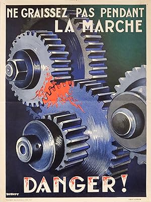 1957 French SNCF Workplace Safety poster - Ne graissez pas pendant la marche, Danger!