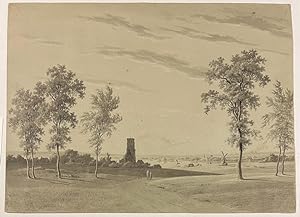 Drawing, washed drawing, ca 1850 | Washed drawing of figures in a landscape with a mill and a tower.