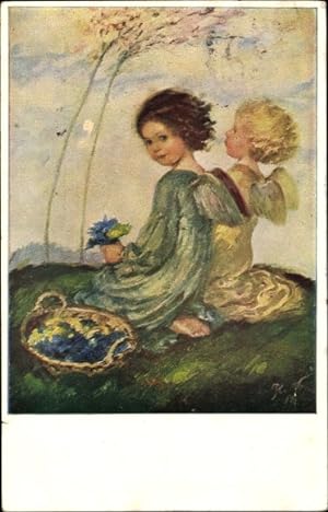 Künstler Ansichtskarte / Postkarte Engel mit blauen Blumen auf einer Wiese