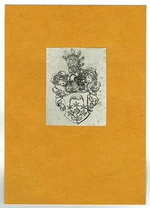 Wappen-Exlibris. Helmzier mit Federschmuck und Halbmond. Darunter Blume mit drei Blüten. u. drei ...