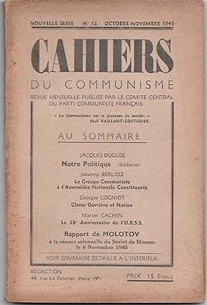 Cahiers du communisme N° 12. Octobre-novembre 1945.