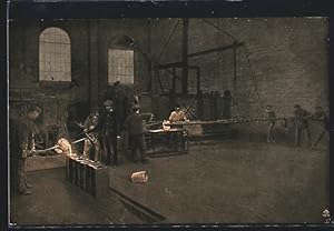Ansichtskarte Fabrikarbeiter in einer Halle beim Tiegelguss
