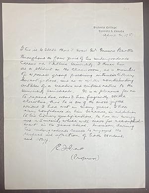 HANDWRITTEN LETTER OF RECOMMENDATION FROM E.J.PRATT ABOUT MUNRO BEATTIE with second typed copy