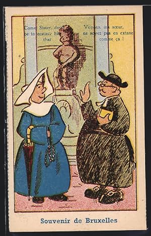 Ansichtskarte Bruxelles, Nonne und Geistlicher bei Manneken-Pis