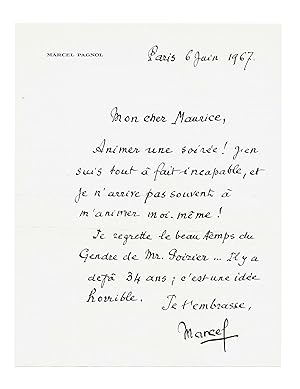 Le nostalgique Pagnol envoie une tendre et amusante lettre à son ami lacteur Maurice Escande, qu...