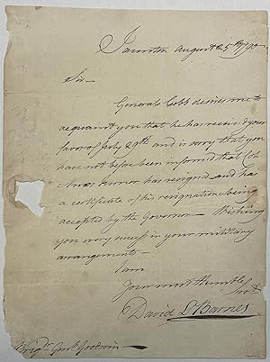 AUTOGRAPH LETTER, SIGNED BY BARNES, TO BRIGADIER GENERAL GOODWIN, FROM TAUNTON, 25 AUGUST 1790, R...
