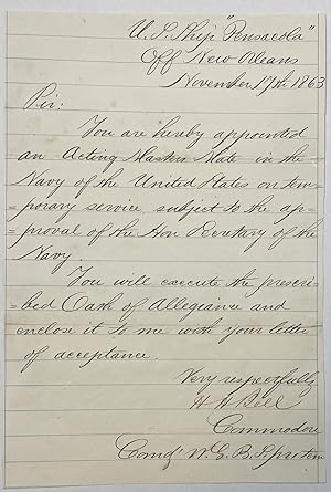 MANUSCRIPT LETTER, SIGNED AS ACTING COMMODORE COMMANDING THE WEST GULF SQUADRON, TO HENRY E. GIRA...