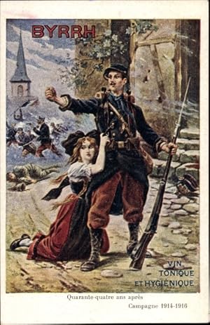 Künstler Ansichtskarte / Postkarte Französischer Soldat, Frau in Elsässer Tracht, Reklame, Byrrh,...