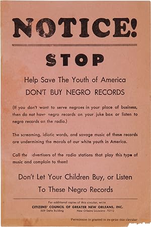 NOTICE! STOP HELP SAVE THE YOUTH OF AMERICA DON'T BUY NEGRO RECORDS.[caption title and first line...