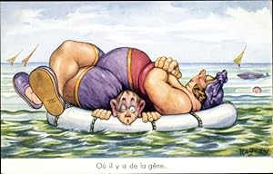 Künstler Ansichtskarte / Postkarte Raffray, Mann liegt unter dicker Frau im Badeanzug